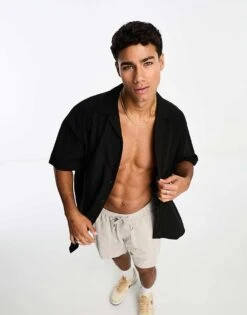 Selected Homme Short Sleeve Revere Collar Linen Shirt In Black For Men -Modish Mens Shop 204173849 1 black 1