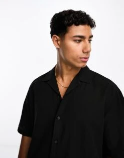 Selected Homme Short Sleeve Revere Collar Linen Shirt In Black For Men -Modish Mens Shop 204173849 3