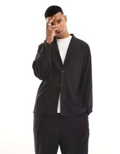 Selected Homme Relaxed Fit Plisse Suit Blazer In Black  For Men Black