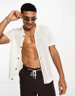 Selected Homme Revere Collar Knitted Shirt In White For Men Egret