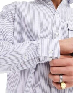 Selected Homme Oversized Poplin Shirt In Blue Stripe For Men Blue Single Stripe -Modish Mens Shop 205920070 3