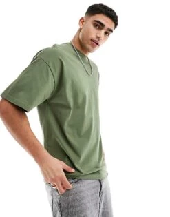 Selected Homme Oversized Heavy Weight T-shirt In Khaki For Men Four Leaf Clover