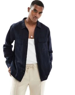 Selected Homme Linen Mix Overshirt In Navy  For Men Sky Captain