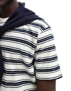 Selected Homme Oversized Textured T-shirt In Navy And White Stripe For Men Sky Captain -Modish Mens Shop 206173680 4