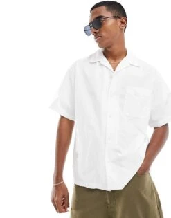 Selected Homme Boxy Oversized Revere Collar Seersucker Shirt In White For Men