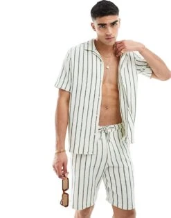 Selected Homme Co-ord Oversized Textured Revere Collar Shirt In Green Stripe For Men Eden