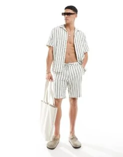 Selected Homme Co-ord Oversized Textured Revere Collar Shirt In Green Stripe For Men Eden -Modish Mens Shop 206186383 3