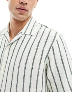 Selected Homme Co-ord Oversized Textured Revere Collar Shirt In Green Stripe For Men Eden -Modish Mens Shop 206186383 4