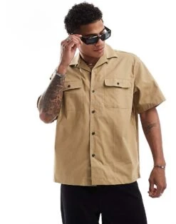 Selected Homme Boxy Oversized Revere Collar Shirt With Double Pockets In Beige For Men Kelp
