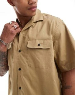 Selected Homme Boxy Oversized Revere Collar Shirt With Double Pockets In Beige For Men Kelp -Modish Mens Shop 206187904 4