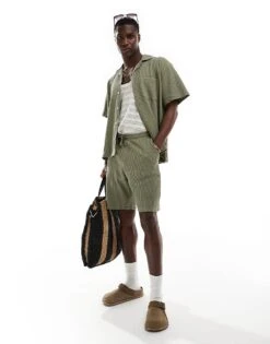 Selected Homme Co-ord Waffle Shorts In Khaki For Men Vetiver
