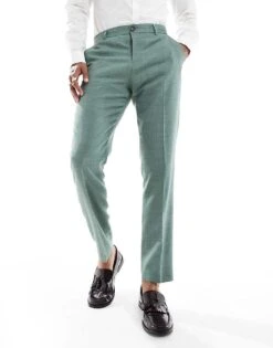 Selected Homme Linen Mix Slim Fit Suit Trousers In Green For Men Light Green Melange -Modish Mens Shop 206198536 5