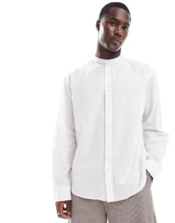 Selected Homme Oversized Linen Mix Grandad Collar Shirt In White For Men