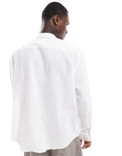 Selected Homme Oversized Linen Mix Grandad Collar Shirt In White For Men -Modish Mens Shop 206209629 3