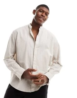 Selected Homme Oversized Linen Mix Grandad Collar Shirt In Beige For Men Pure Cashmere -Modish Mens Shop 206209640 1 purecashmere 1