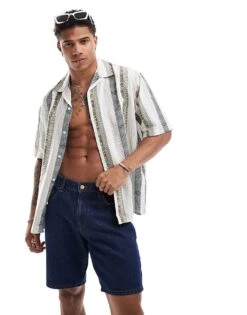 Selected Homme Oversized Linen Mix Revere Collar Shirt In Printed Stripe For Men Egret -Modish Mens Shop 206209701 1 egret 1