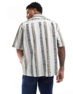 Selected Homme Oversized Linen Mix Revere Collar Shirt In Printed Stripe For Men Egret -Modish Mens Shop 206209701 4