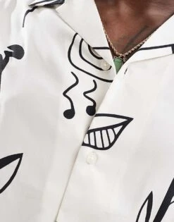 Selected Homme Oversized Revere Collar Shirt With Art Print In White For Men Bright White -Modish Mens Shop 206271720 4