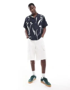 Selected Homme Oversized Revere Collar Shirt With Leaf Print In Navy For Men Dark Navy