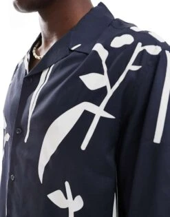Selected Homme Oversized Revere Collar Shirt With Leaf Print In Navy For Men Dark Navy -Modish Mens Shop 206271755 3