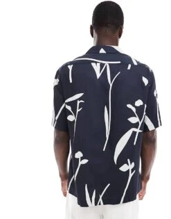 Selected Homme Oversized Revere Collar Shirt With Leaf Print In Navy For Men Dark Navy -Modish Mens Shop 206271755 4