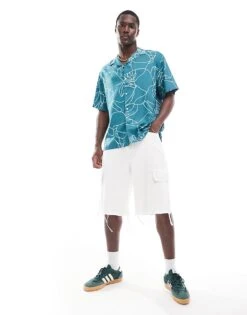 Selected Homme Oversized Revere Collar Shirt With Floral Line Print In Green For Men Dragonfly -Modish Mens Shop 206271788 3