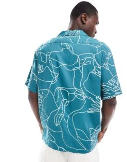 Selected Homme Oversized Revere Collar Shirt With Floral Line Print In Green For Men Dragonfly -Modish Mens Shop 206271788 4