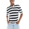 Selected Homme Revere Collar Crochet Polo In Navy Stripe For Men Egret