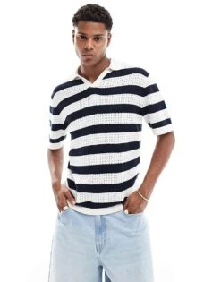 Selected Homme Revere Collar Crochet Polo In Navy Stripe For Men Egret