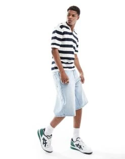 Selected Homme Revere Collar Crochet Polo In Navy Stripe For Men Egret -Modish Mens Shop 206271897 4