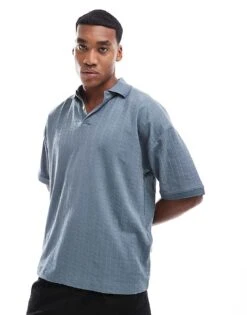 Selected Homme Boxy Fit Jacquard Polo In Blue For Men Stormy Weather