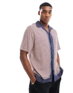 Selected Homme Oversized Revere Collar Shirt With Boarder Print In Navy For Men Sea Storm