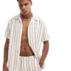 Selected Homme Co-ord Oversized Revere Collar Textured Shirt In Off White Stripe For Men Egret