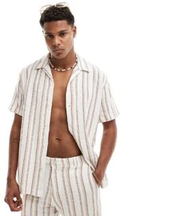 Selected Homme Co-ord Oversized Revere Collar Textured Shirt In Off White Stripe For Men Egret