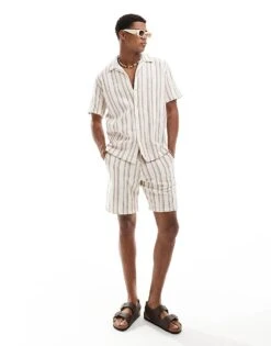 Selected Homme Co-ord Oversized Revere Collar Textured Shirt In Off White Stripe For Men Egret -Modish Mens Shop 206278555 3