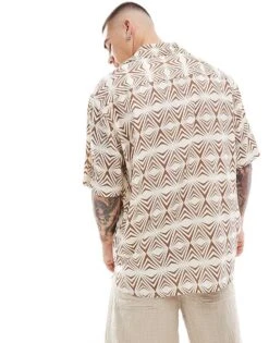 Selected Homme Short Sleeve Shirt With Geo Print In Beige For Men -Modish Mens Shop 206300550 4