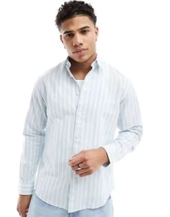 Selected Homme Long Sleeve Linen Shirt In Light Blue Stripe For Men Cashmere Blue