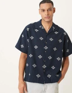 Selected Homme Boxy Fit Revere Collar Shirt With Embroidery In Navy For Men Sky Captain