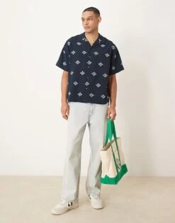 Selected Homme Boxy Fit Revere Collar Shirt With Embroidery In Navy For Men Sky Captain -Modish Mens Shop 206304308 4