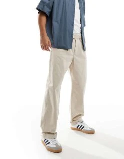 Selected Homme Loose Fit Turn Up Trousers In Stone For Men Plumise Stone