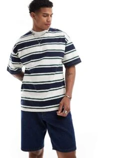 Selected Homme Oversized Heavy Weight T-shirt In Cream Green Navy Stripe For Men Multi -Modish Mens Shop 206363137 1 multi 1