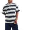 Selected Homme Oversized Heavy Weight T-shirt In Cream Green Navy Stripe For Men Multi