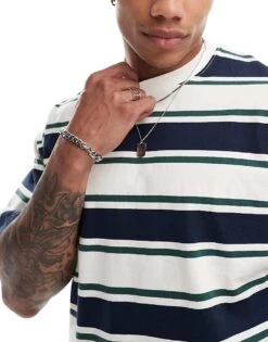 Selected Homme Oversized Heavy Weight T-shirt In Cream Green Navy Stripe For Men Multi -Modish Mens Shop 206363137 3