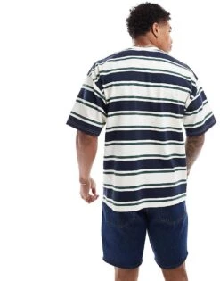 Selected Homme Oversized Heavy Weight T-shirt In Cream Green Navy Stripe For Men Multi -Modish Mens Shop 206363137 4