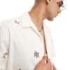 Selected Homme Revere Collar Shirt With All Over Applique Flowers In Cream For Men