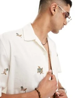 Selected Homme Revere Collar Shirt With All Over Applique Flowers In Cream For Men