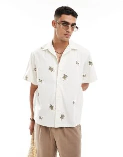 Selected Homme Revere Collar Shirt With All Over Applique Flowers In Cream For Men -Modish Mens Shop 206366516 3