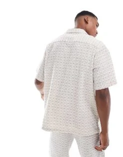 Selected Homme Revere Collar Crinkle Shirt With All Over Print In Cream And Navy For Men -Modish Mens Shop 206366828 3