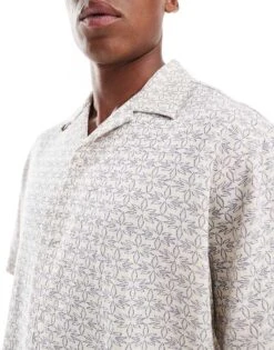 Selected Homme Revere Collar Crinkle Shirt With All Over Print In Cream And Navy For Men -Modish Mens Shop 206366828 4