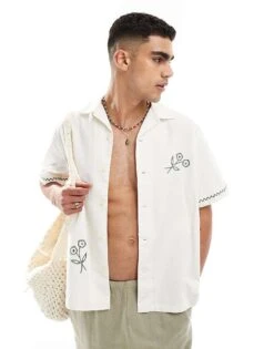 Selected Homme Revere Collar Shirt With Green Floral Print In Cream For Men -Modish Mens Shop 206373788 1 cream 1